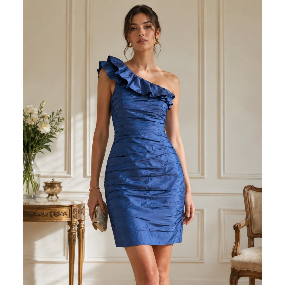 Teri Jon One Shoulder Dress Womens 10 Blue Silk Ruched Ruffle NEW Cocktail Mini